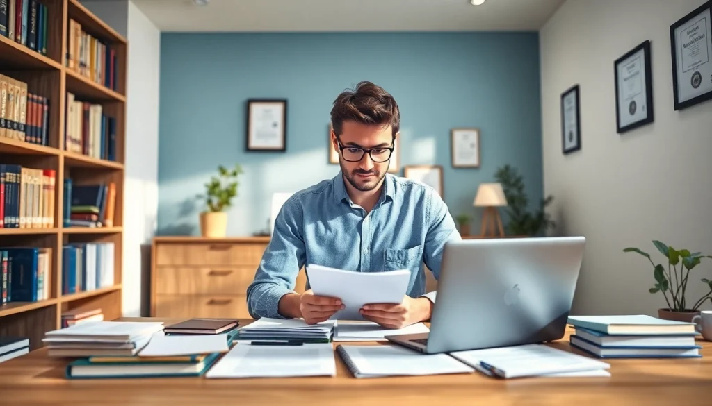 Professional translator at work showcasing skills as a traducător autorizat in a modern office.