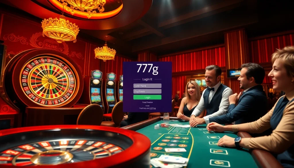 Experience the thrill of winning with 777g Login at a luxurious casino, featuring a vibrant roulette wheel and engaging players.