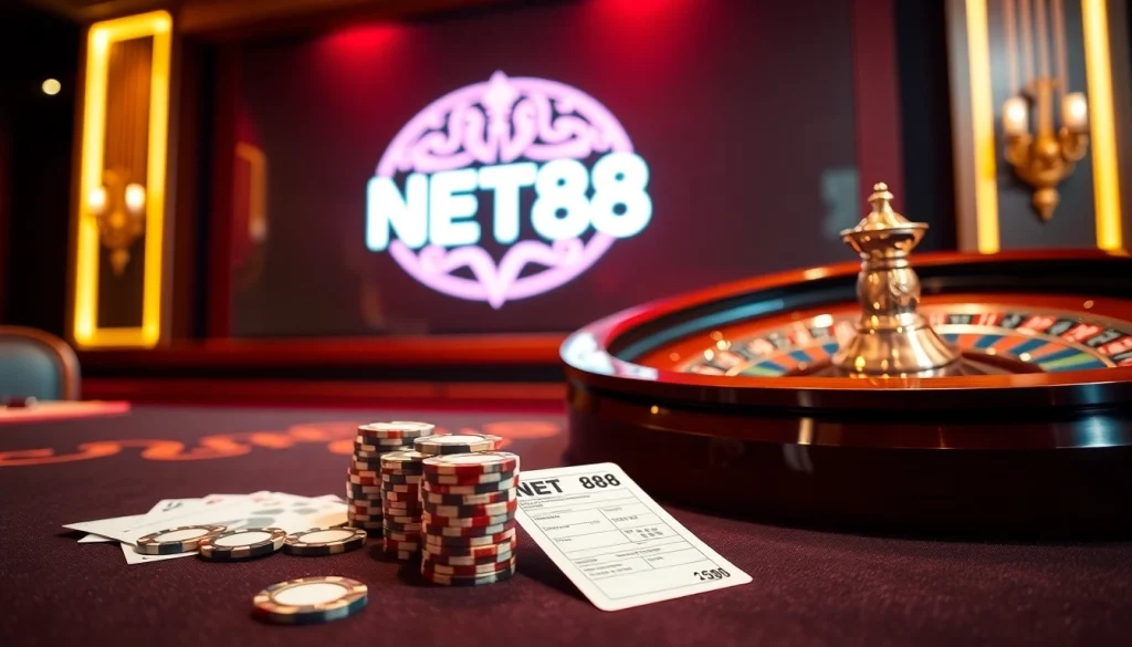 Experience the thrill of NET88 gaming with vibrant casino elements like poker chips and cards.