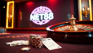 Experience the thrill of NET88 gaming with vibrant casino elements like poker chips and cards.