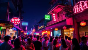 Experiencing 하노이밤문화 in vibrant Hanoi nightlife with lively crowds and neon lights.