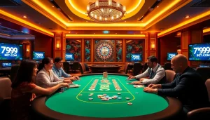 Experience the thrilling ambiance of 789BET.COM with players and poker chips at a vibrant casino table.
