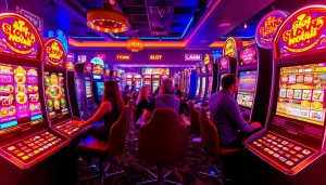 Exciting players enjoying slot hoki games in a vibrant casino atmosphere with colorful machines.