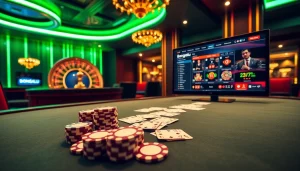 Bongdalu platform showcased at an upscale casino table with vibrant poker chips and cards.