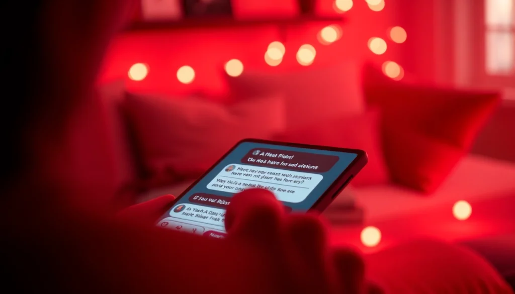 Engaging interaction via AI sexting chatbot on a smartphone in a cozy setting.