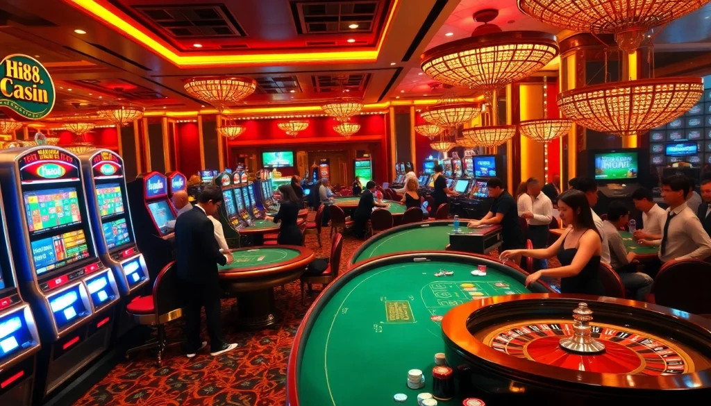 Players placing bets at Hi88 casino tables filled with poker chips and vibrant slot machines.
