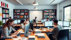 Espace de travail d'une agence de traduction professionnelle montrant des experts collaborant sur des projets multilingues.