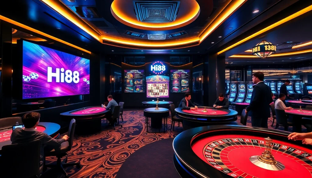 Players enjoying casino games at Hi88, featuring vibrant slot machines and tables.