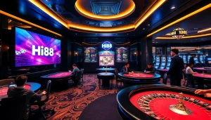 Players enjoying casino games at Hi88, featuring vibrant slot machines and tables.