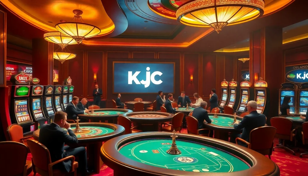 KJC casino scene featuring lively poker tables and slot machines amidst a luxurious atmosphere.