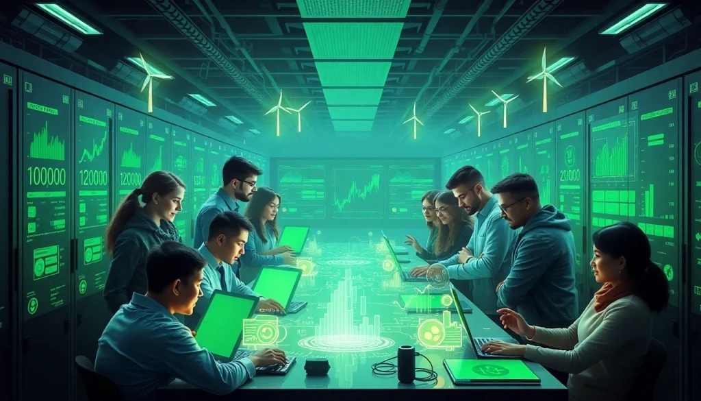 Dogecoin cloud mining scene showcasing diverse miners in a high-tech facility with renewable energy elements.