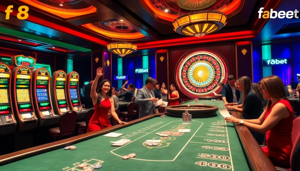 Exciting casino scene featuring players engaging in poker and slot games at f8bet.