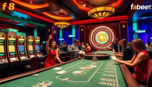 Exciting casino scene featuring players engaging in poker and slot games at f8bet.