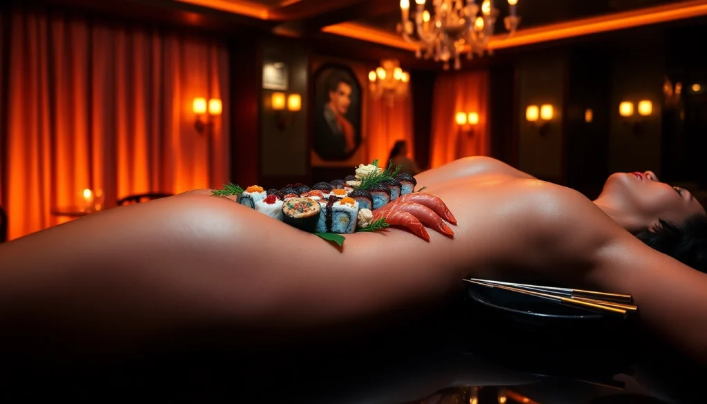 Indulge in a captivating body sushi experience featuring exquisite sushi artfully served on a model's body at a luxurious venue.