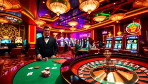 Experience the excitement at a vibrant casino, highlighting the rikvip uy tín with poker tables and slot machines.