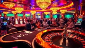 Excited players engaging in high-stakes poker at a luxury casino showcasing xxgg platform elements.