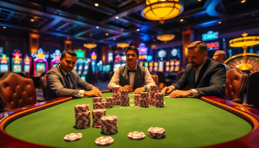 Players engaging at a GG88 high-stakes poker table in a luxurious casino atmosphere.