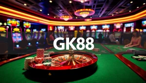 Experience the thrill of gambling at GK88 with vibrant casino tables, enticing slot machines, and engaged players.