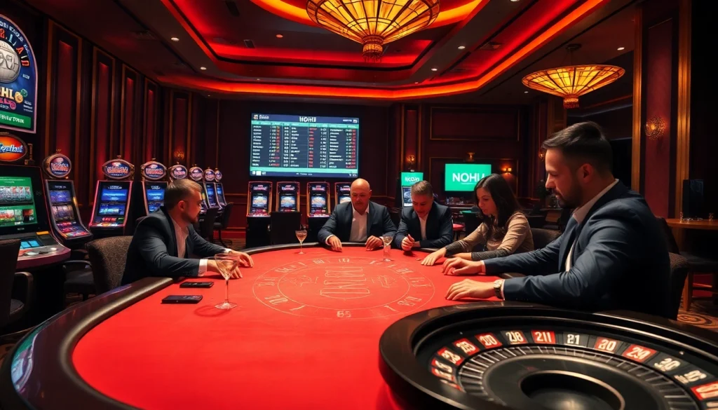 Experience the thrill of gambling at NOHU with vibrant casino tables and slot machines.