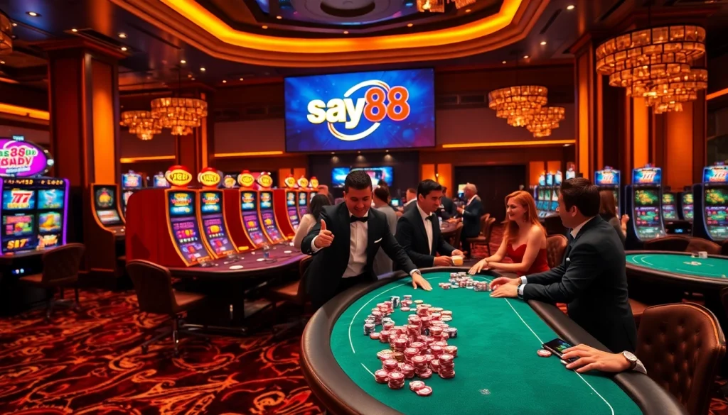 Exciting live poker game at say88 casino with vibrant chips and professional dealers.