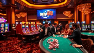 Exciting live poker game at say88 casino with vibrant chips and professional dealers.