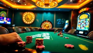 Experience the thrill of 'LUCKYWIN' at a luxurious casino table with poker chips and vibrant slot machines.