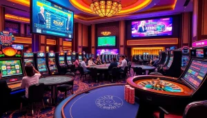 Engage with the stunning interior of nhà cái xin88, featuring vibrant slot machines and enthusiastic players.