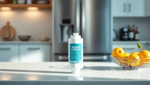 AQUA CREST DA97-17376B Replacement for Samsung DA97-08006C water filter on a kitchen countertop.