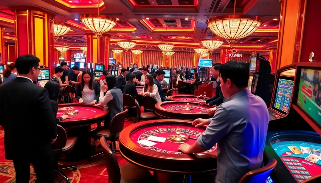 Players at KKWIN joyfully engaging in casino games with vibrant ambiance and thrilling atmosphere.