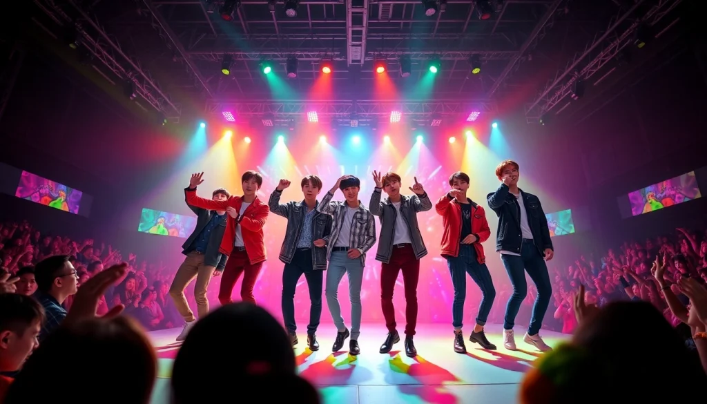BTS news highlighting the iconic performances of the boy band with vibrant visuals and energetic ambiance.