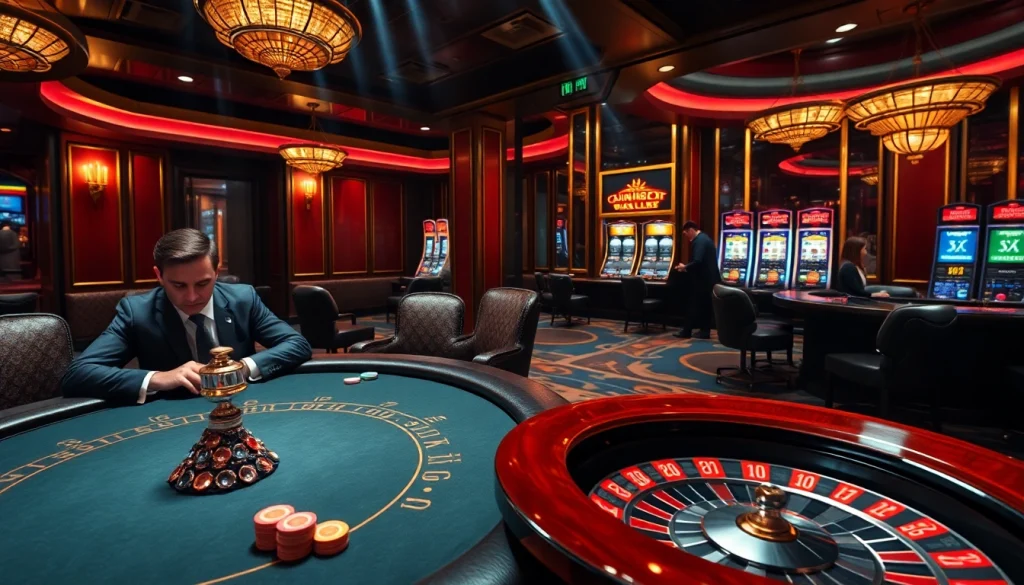 The hidden wiki enhances player engagement at a luxurious casino featuring poker tables and roulette wheels.
