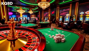 KQBD: Exciting casino scene featuring dynamic betting action with poker chips and dealers.