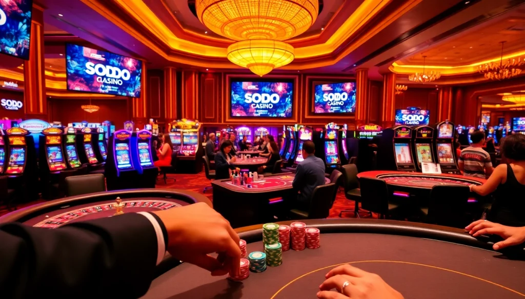 SODO Casino's luxurious gaming floor showcases excited players at tables and vibrant slot machines.