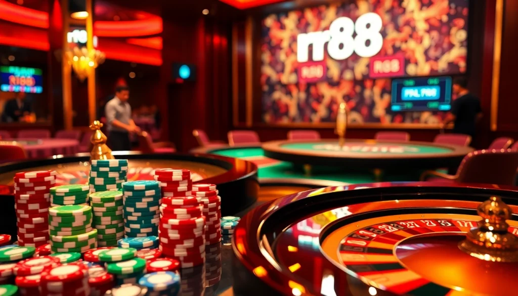 Exciting casino night with rr88 poker chips and roulette wheel showcasing luxury gaming experience.