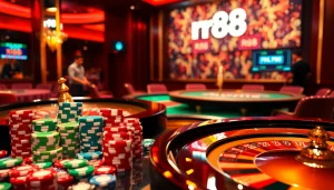 Exciting casino night with rr88 poker chips and roulette wheel showcasing luxury gaming experience.