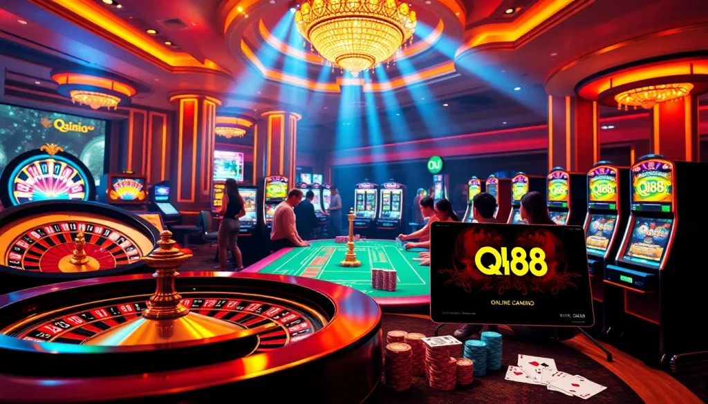 Players enjoying QH88 games with vibrant casino elements like poker chips and cards.