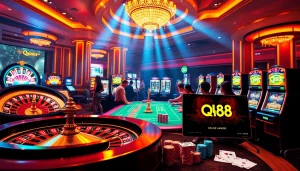 Players enjoying QH88 games with vibrant casino elements like poker chips and cards.