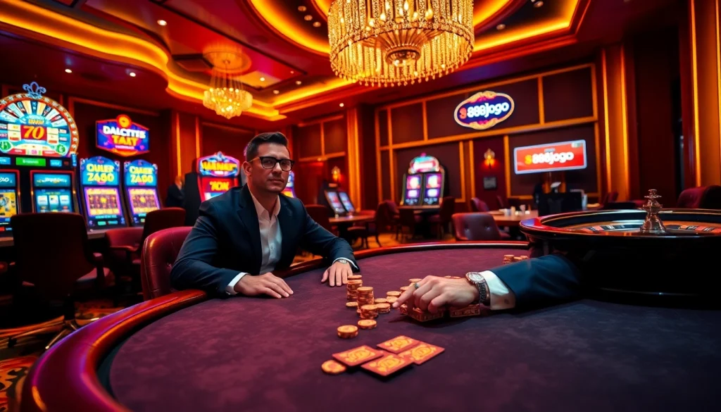 Experimenta 888jogo con una escena de casino vibrante que muestra póker y máquinas tragamonedas.