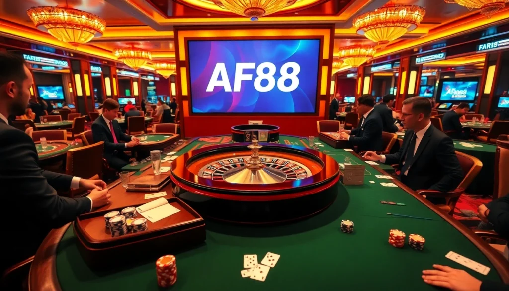 Gambling excitement at AF88's luxurious casino with roulette tables and poker chips.