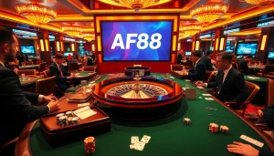 Gambling excitement at AF88's luxurious casino with roulette tables and poker chips.
