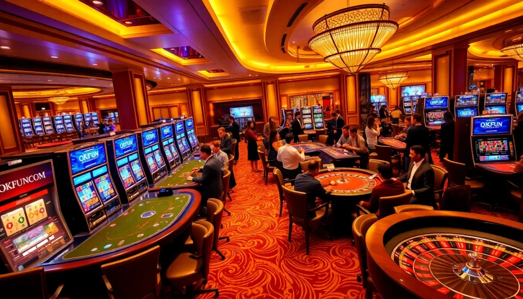 Experience the excitement of online gaming at OKFUN COM, featuring vibrant slot machines and poker tables.
