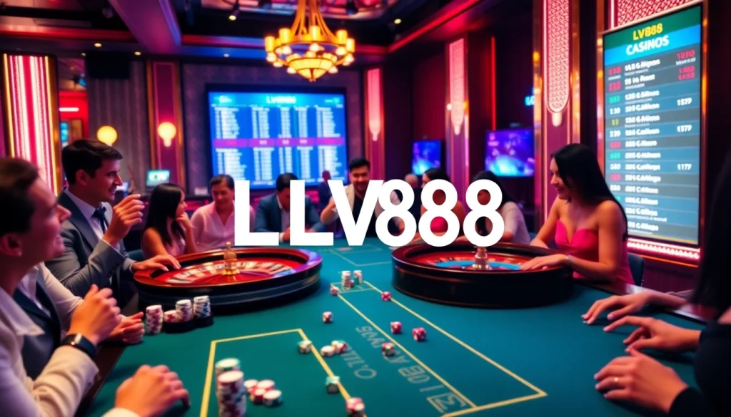 Experience the thrill of LV88 with a vibrant casino scene featuring colorful poker chips and roulette.