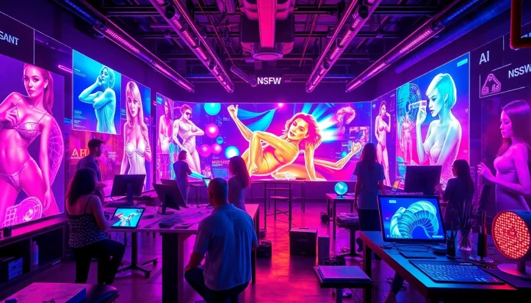 Innovative artists collaborating on AI NSFW art in a futuristic digital studio.
