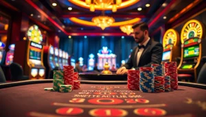 Players enjoying high-stakes blackjack at a luxurious casino featuring jagoan86 themed decor and vibrant chips.