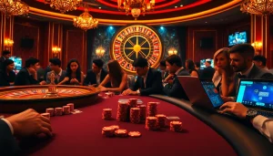 Gamblers enjoying high-stakes poker at a casino table with hidden wiki references.