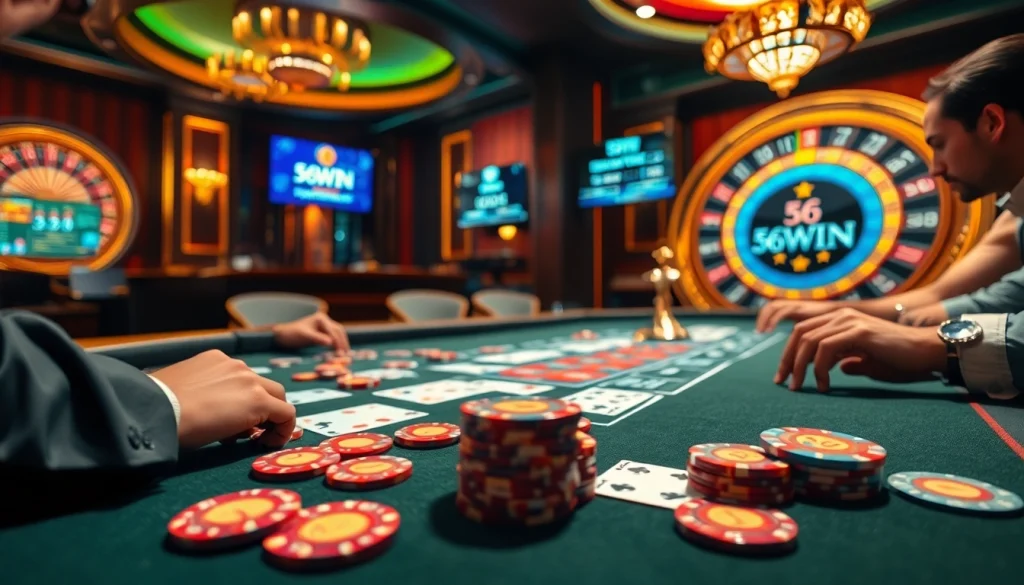 Players engaging in high-stakes poker at a luxurious casino with 56WIN branding integrated.