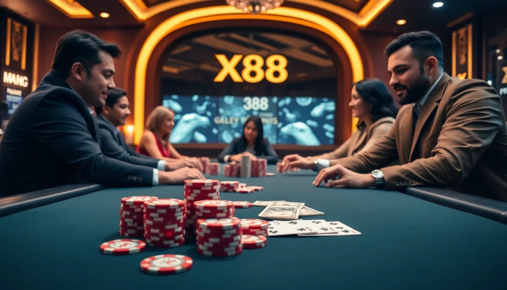 Engaging players at an X88-themed poker table in a luxurious casino ambiance.