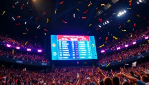 Latest match results scoreboard showcasing ผลบอลล่าสุด with cheering fans in the background.