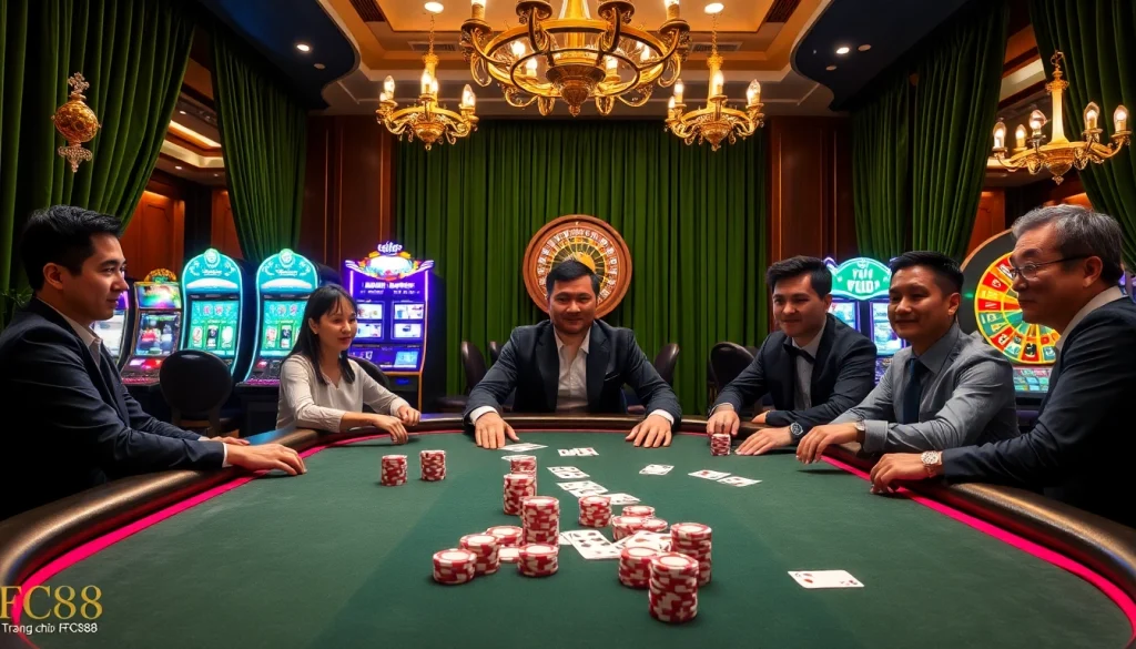 Experience the excitement of gambling at Trang chủ Fc88 with a vibrant casino scene featuring poker tables and slot machines.