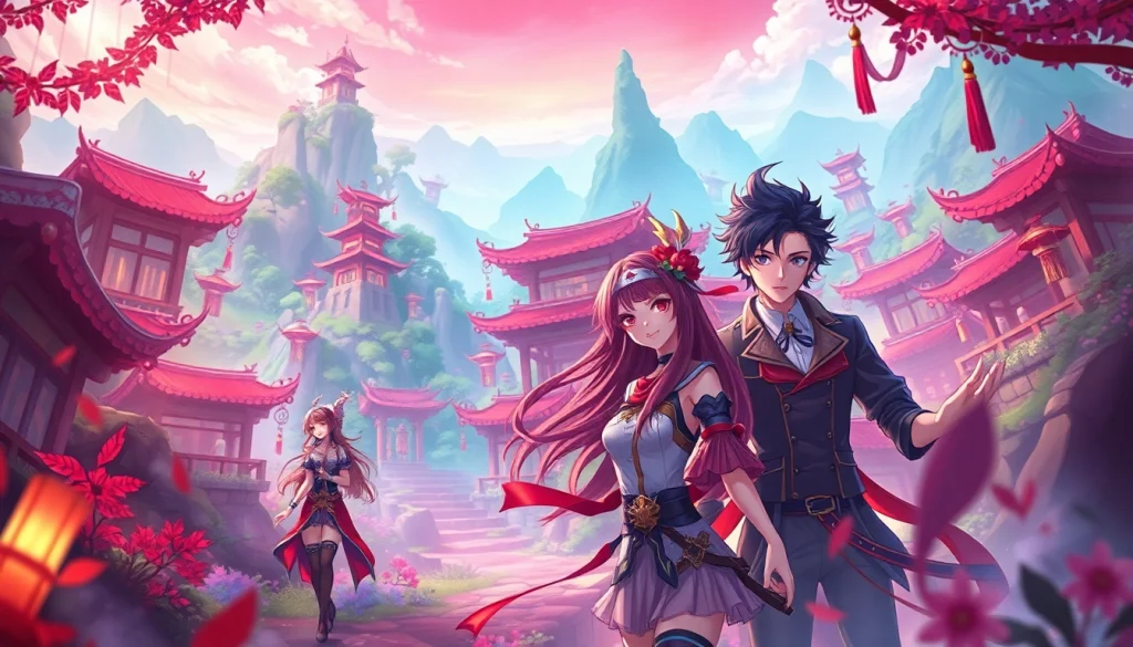 Vibrant anime characters in an immersive fantasy world of a hentai game, showcasing excitement and adventure.